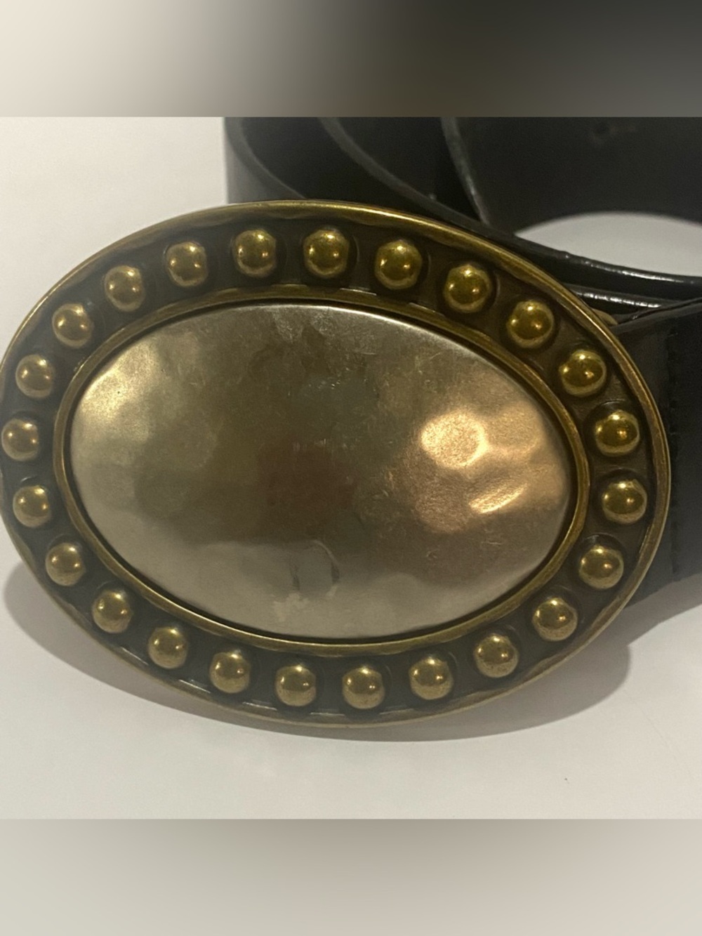 Fossil Womens Black Genuine Leather Belt Small Brass & Hammered Silver Buckle - Picture 2 of 9